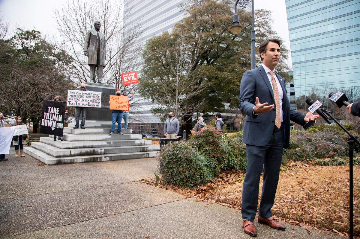 State Representtive Seth Rose advocates for removing the Benjamin Tillman statue at the South Carolina State House on Tuesday, January 12, 2021. Rose says that it is not removing history, it is deciding to not celebrate a “murderer” on public property.