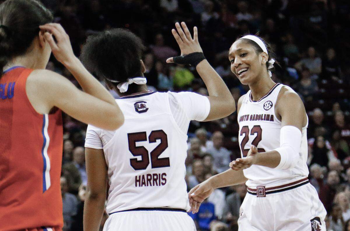 From 2018, South Carolina’s A’ja Wilson and Ty Harris congratulate each other during a game against Florida.