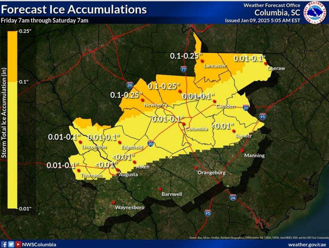 Ice is forecast for the Midlands area of South Carolina.