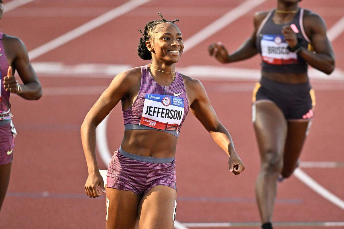 Melissa Jefferson of South Carolina wins her semifinal heat in the 100-meter dash on June 22, 2024 at the U.S. Olympic Track and Field Team Trials in Eugene, OR.