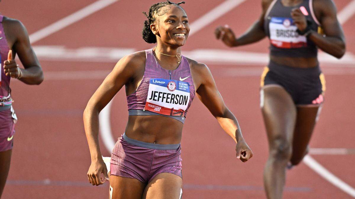 Melissa Jefferson of South Carolina wins her semifinal heat in the 100-meter dash on June 22, 2024 at the U.S. Olympic Track and Field Team Trials in Eugene, OR.