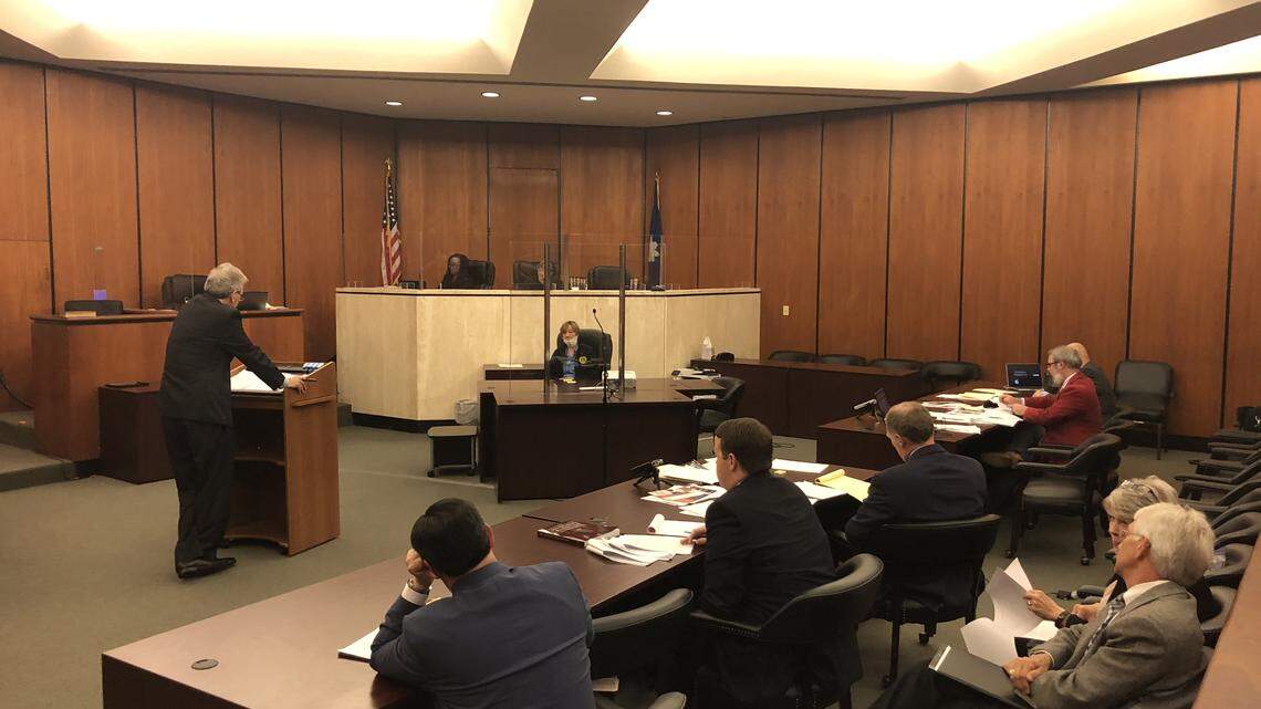 Charleston attorney Brooks Roberts Fudenberg gives closing remarks on June 5, 2020, for his client, state Rep. Jonathon Hill, R-Anderson (red jacket, far right) in his court case against the South Carolina Republican Party and his primary challenger, Vaughn Parfitt. 