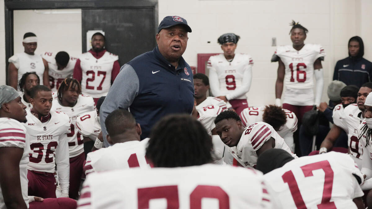 S.C. State Bulldogs head coach Oliver “Buddy” Pough speaks to his team in the locker room before playing South Carolina at Williams-Brice Stadium on Thursday.