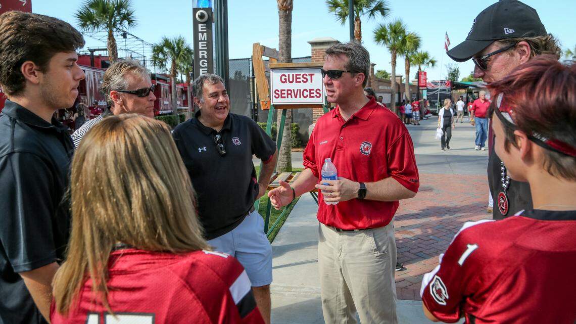Democratic gubernatorial candidate James Smith talks with Gamecock fans before the game at Williams-Brice Stadium in Columbia, SC, Saturday, September 01, 2018.