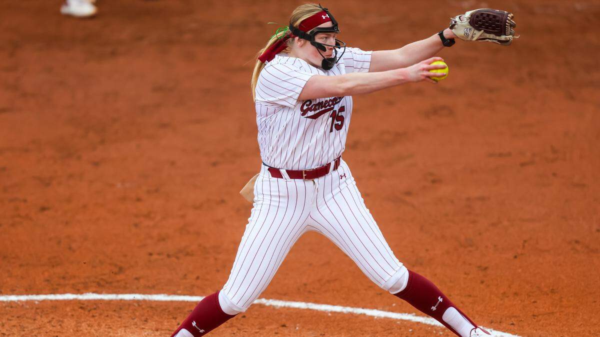 South Carolina Gamecocks Alana Vawter (15) pitches during their game against UNCG in the Carolina Classic at Carolina Softball Stadium Friday, Feb. 9, 2024.