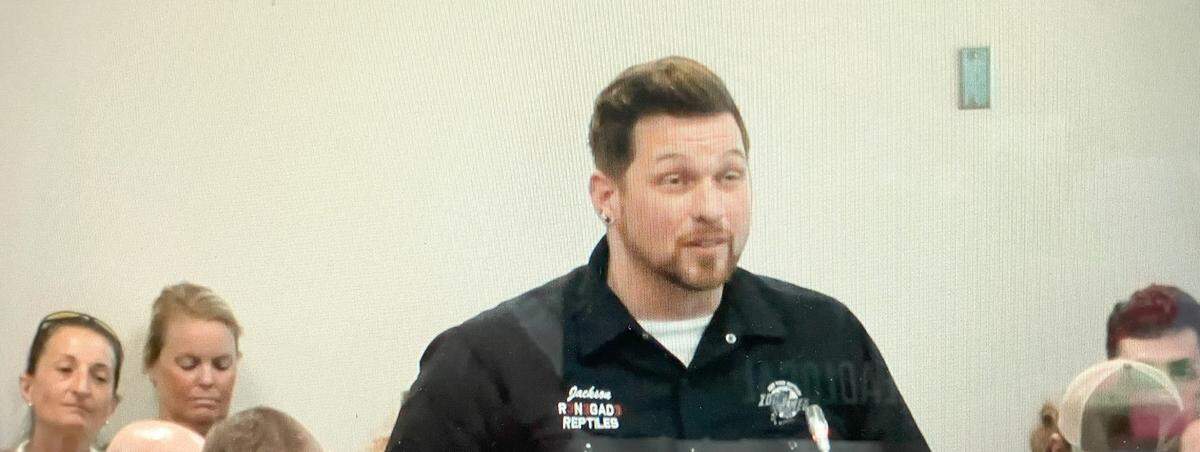 Business owner Jackson Sharpe of Westminster speaks against a bill that would ban the ownership of venomous snakes in South Carolina. He made his comments to a House agriculture subcommittee March 19, 2025.