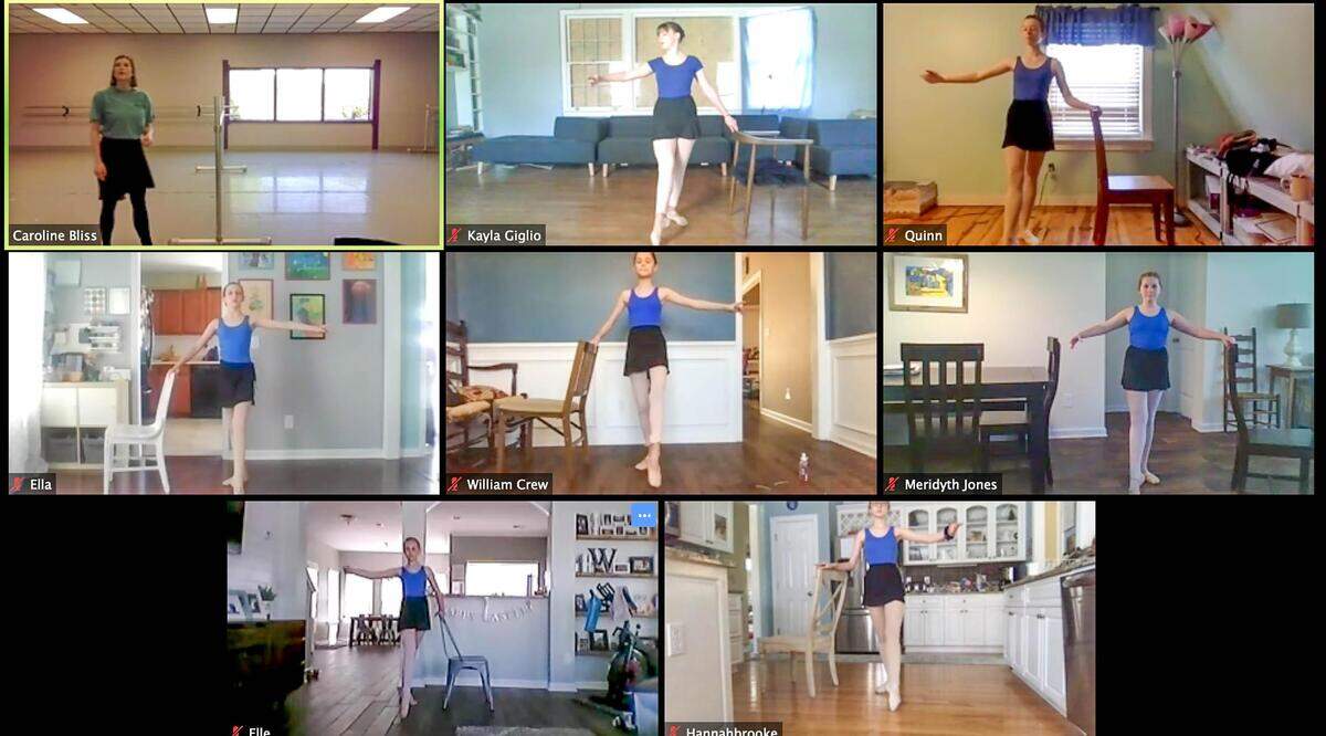 A computer monitor shows Carolina Douglas Bliss, upper left, watching as her students practice their routine from their homes on a computer. Due to the coronavirus, Bliss and other teachers at South Carolina Christian Dance Theater in Irmo are connecting with their students through video, via the internet.