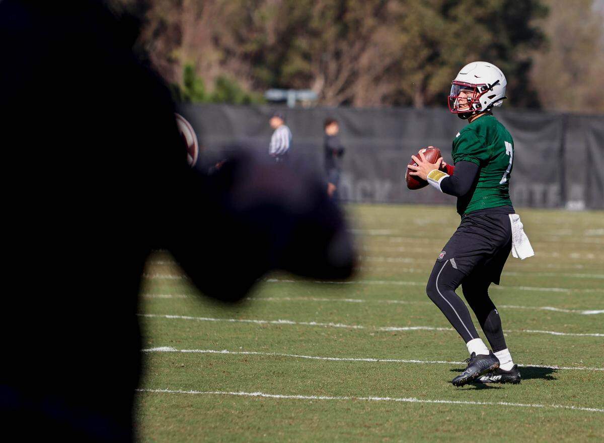 University of South Carolina quarterback Spencer Rattler runs drills during spring practice.