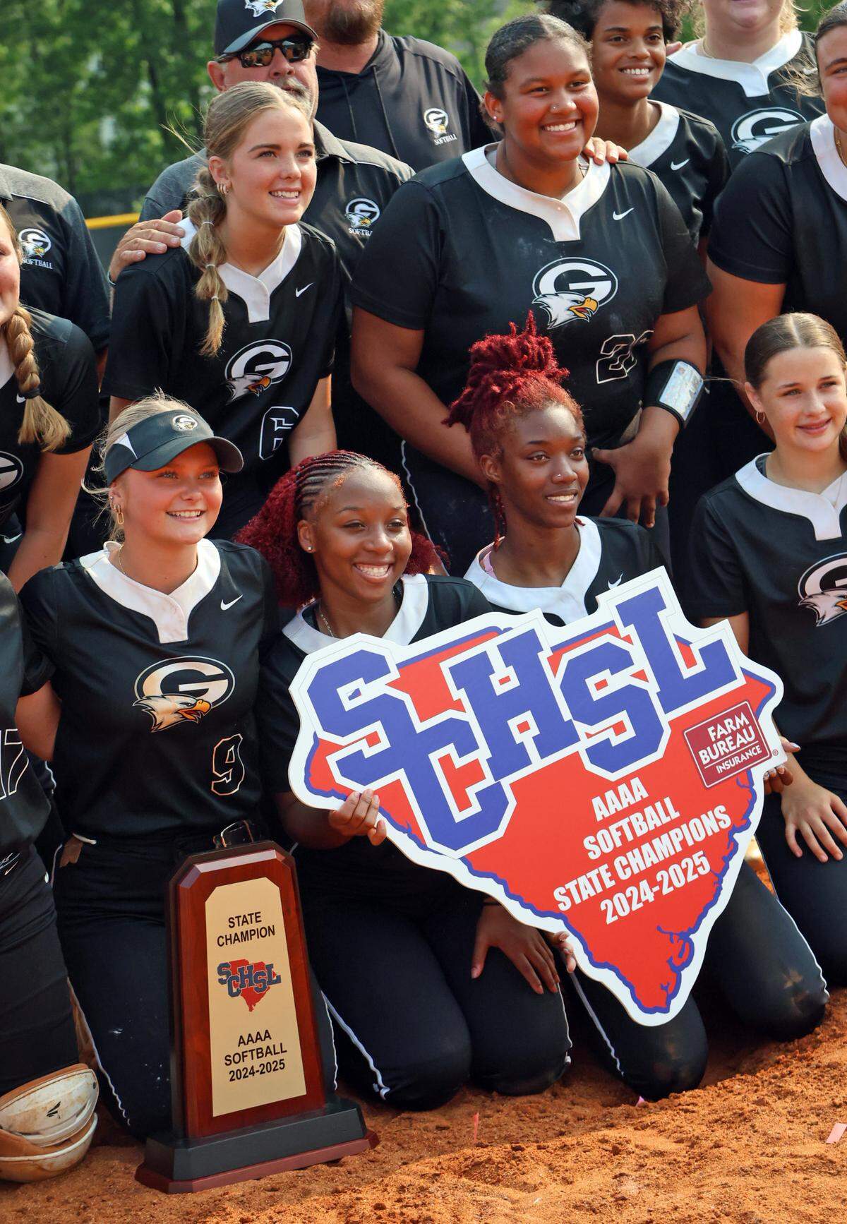 Gray Collegiate celebrates the 2025 Class 4A softball state championship win on Saturday, May 31. The War Eagles defeated York 5-2.