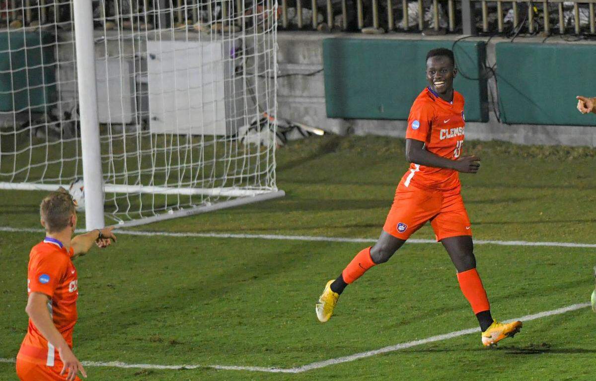 Clemson midfielder Ousmane Sylla celebrates scoring against Charlotte during the second half of NCAA Men’s Soccer round of 32 action at Historic Riggs Field in Clemson, S.C. Sunday, November 19, 2023.