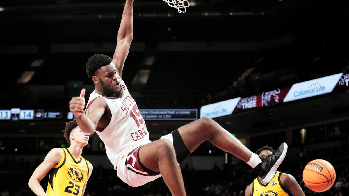 South Carolina’s Wildens Leveque records a strong slam dunk against Missouri on Tuesday, March 1, 2022. 