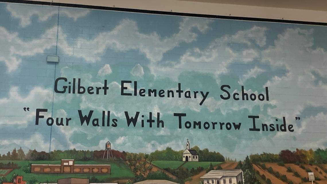 Inside of the cafetorium of the old Gilbert Elementary School is a mural with a saying for students “Four Walls with Tomorrow Inside.” The school is being converted into SLED’s Center for School Safety and Targeted Violence.