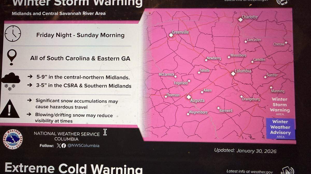 The National Weather Service on Friday afternoon issued a ‘historic’ warning for severe snow and bitter cold in South Carolina for the weekend.