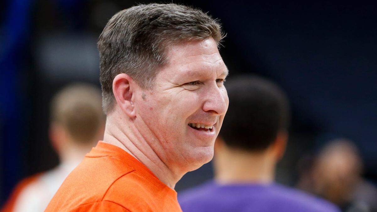 Clemson’s head coach Brad Brownell smiles during open practices for 2024 NCAA Tournament teams at FedExForum in Memphis, Tenn., on Thursday, March 21, 2024.