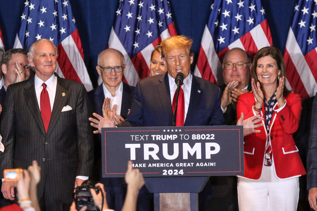 Donald Trump speaks to a crowd gathered at the South Carolina State Fairgrounds on Saturday, Feb. 24, 2024. Trump was declared the winner of the South Carolina primary.