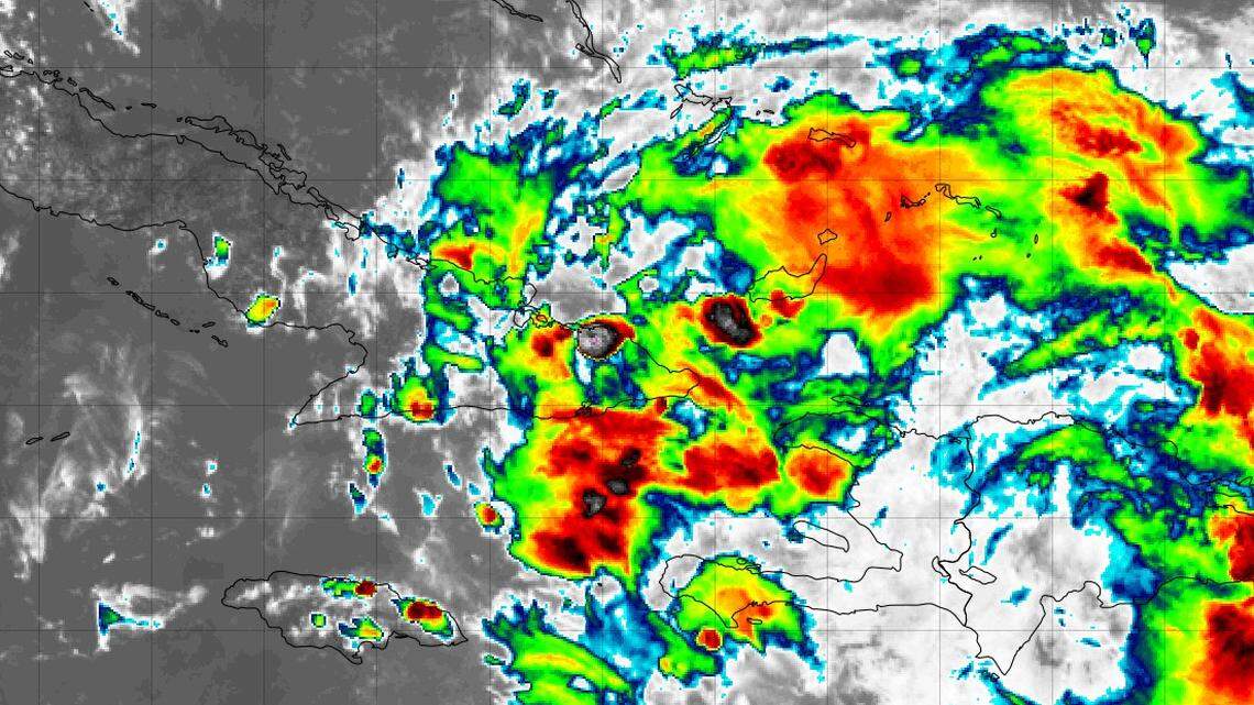 A satellite image shows invest 94-L moving over the southern tip of Cuba on Friday, Sept. 26, 2025.