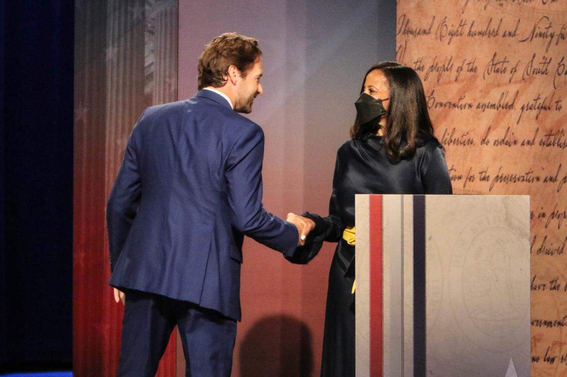 Democratic candidates for South Carolina Governor Joe Cunningham greets Mia McLeod before a televised debate at the ETV studio in Columbia, S.C. on Friday June 10, 2022