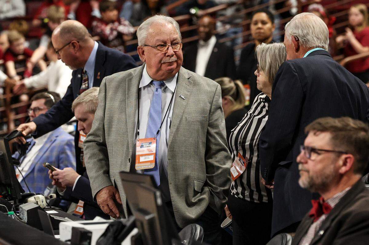 Ken Stoudenmire operates the game clock during University of South Carolina basketball games at the Colonial Life Arena.