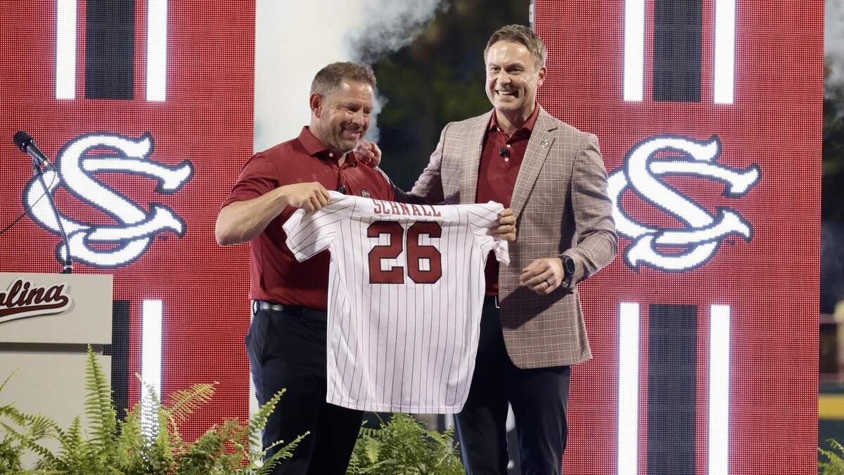 New South Carolina baseball coach Kevin Schnall (left) and USC athletic director Jeremiah Donati (right) at his welcome event on Friday, June 12, 2026 at Founders Park