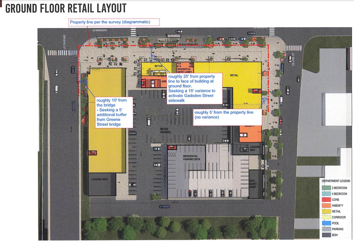 A new student housing complex could be coming to the corner of Gadsden and Greene streets. Developers propose using the first floor of the nearly 4-acre property for retail space.