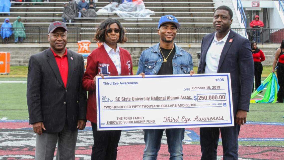 From left, SC State President James E. Clark, SCSUNAA 1st Vice President Sharon Wigfall, Charlamagne Tha God, SCSUNAA President John J. Funny.