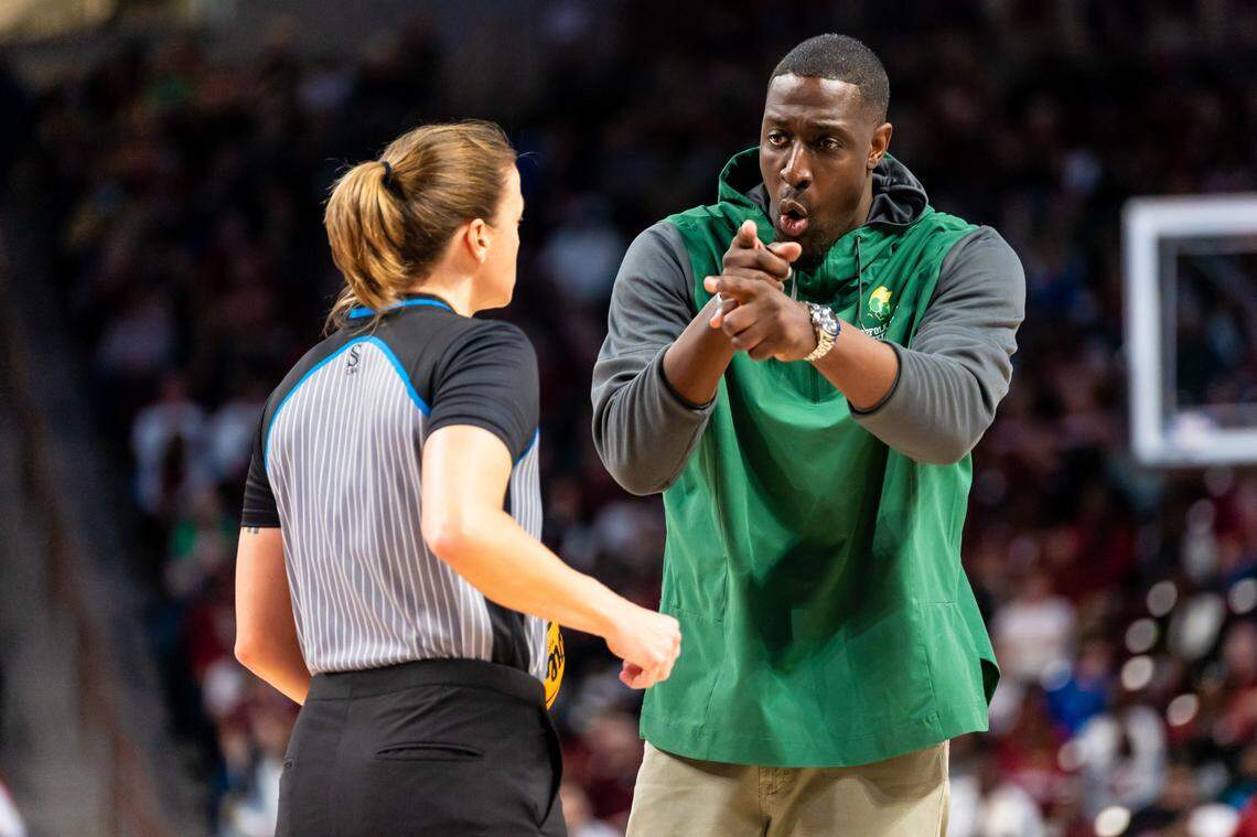 Mar 17, 2023; Columbia, SC, USA; Norfolk State Spartans head coach Larry Vickers disputes a call against the South Carolina Gamecocks in the first half in the first round of the 2023 NCAA Division 1 women’s basketball tournament at Colonial Life Arena. Mandatory Credit: Jeff Blake-USA TODAY Sports