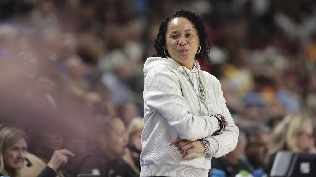 South Carolina's head coach Dawn Staley watches her team during the second half of action of their women's basketball game in the SEC Tournament, against Kentucky at the Bon Secours Wellness Arena on Friday, March 6, 2026. 