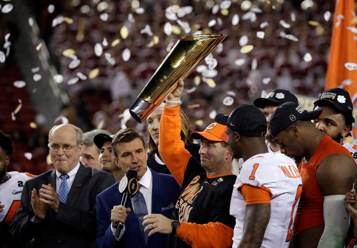 Clemson head coach Dabo Swinney celebrates after the NCAA college football playoff championship game against Alabama, Monday, Jan. 7, 2019, in Santa Clara, Calif. Clemson beat Alabama 44-16. (AP Photo/Chris Carlson)