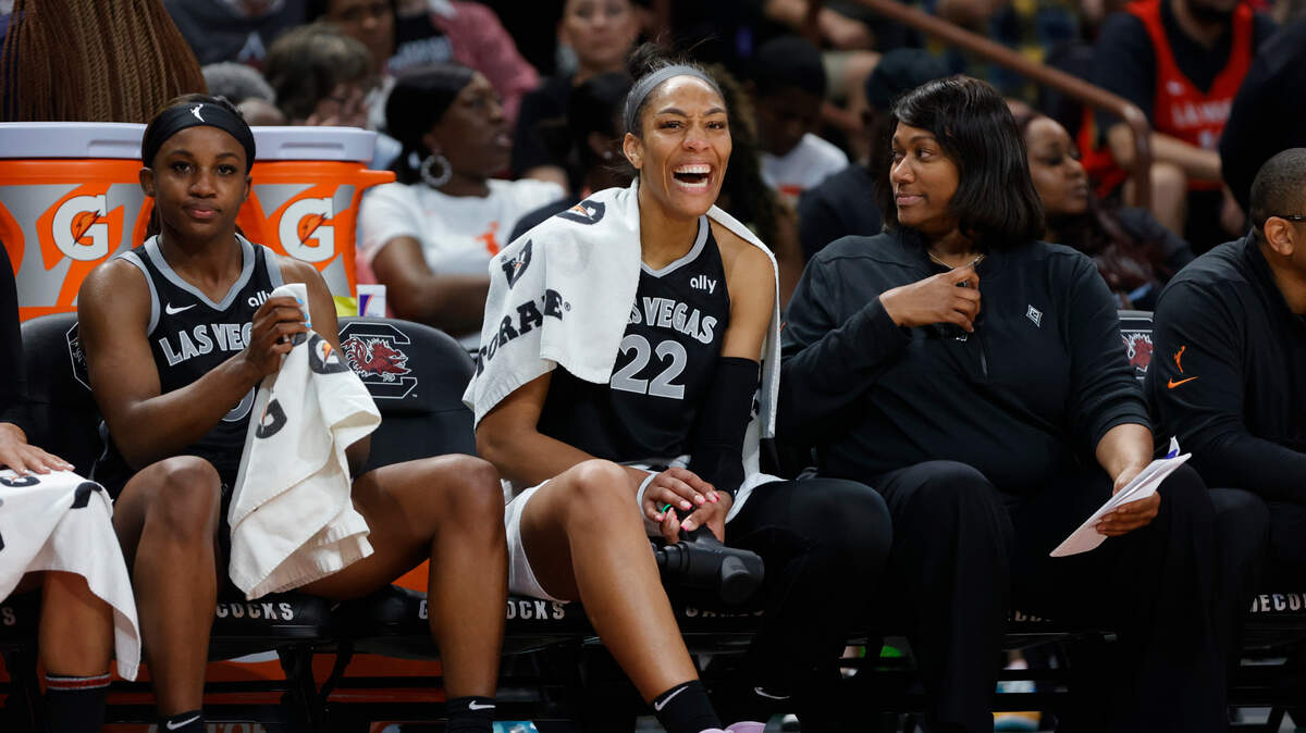 Las Vegas Aces’ A’ja Wilson laughs with teammates as the Aces play the Puerto National Team in the Colonial Life Arena on Saturday, May 11, 2024.