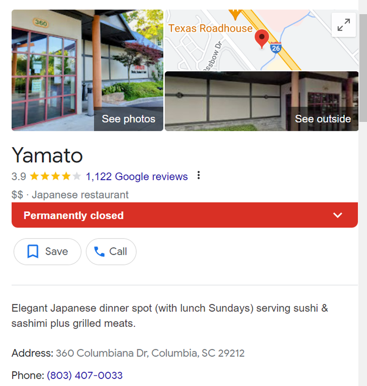 A Google listing for Yamato at 360 Columbiana Drive shows it as “permanently closed.”