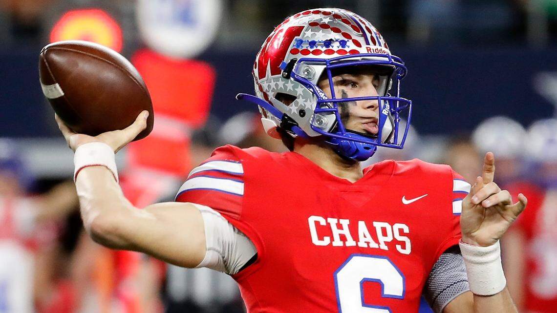 Westlake quarterback Cade Klubnik tosses downfield for a completion during a high school 6A division 2 state championship football game at AT&T Stadium in Arlington, Texas on Dec. 18.