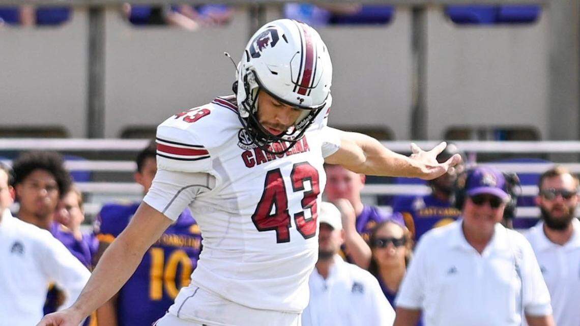 South Carolina’s Parker White (43) kicked the game-winning field goal in the 2021 game at East Carolina.