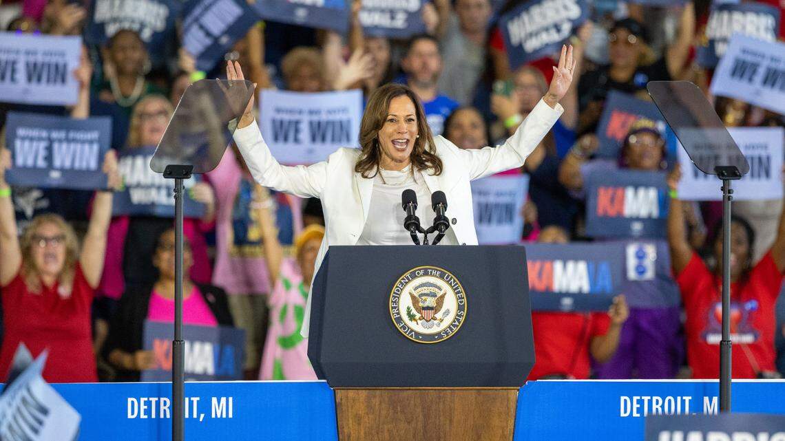 Vice President Kamala Harris, the Democratic presidential nominee, at a campaign rally outside Detroit, Michigan on Aug. 7, 2024.