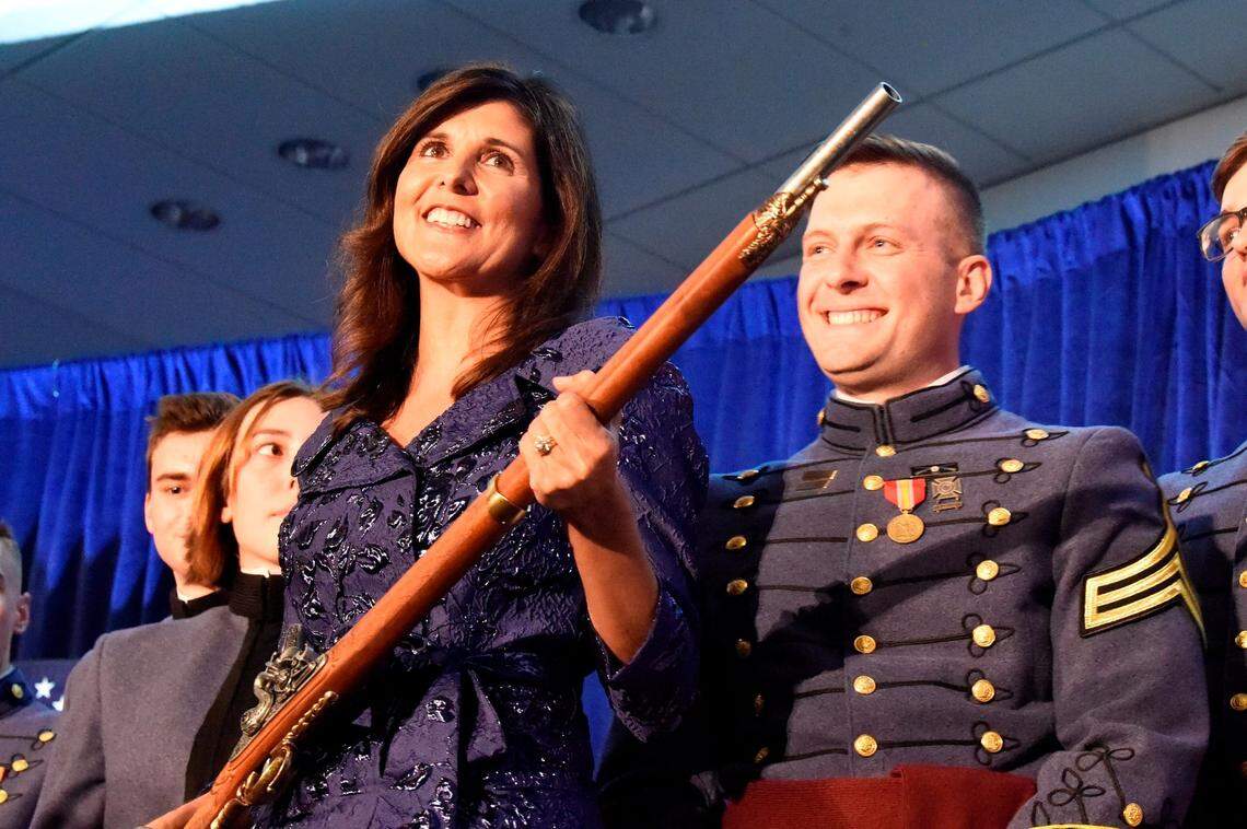 Former U.N. Ambassador Nikki Haley, a potential 2024 presidential contender and former South Carolina governor, receives the Nathan Hale Patriot Award from The Citadel Republican Society, on Thursday, Dec. 2, 2021, in Charleston, S.C.