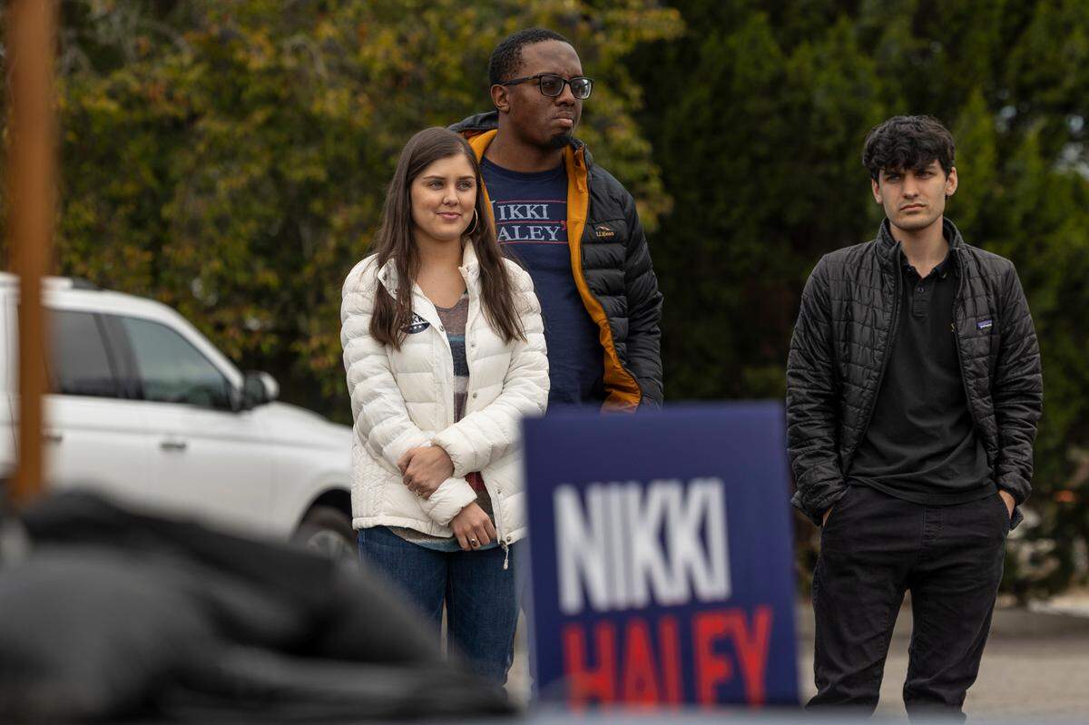 Rena Haley Jackson, her husband, Joshua Jackson, and and Nalin Haley watch Nikki Haley speak during a campaign stop in Camden on Monday, Feb. 19, 2024