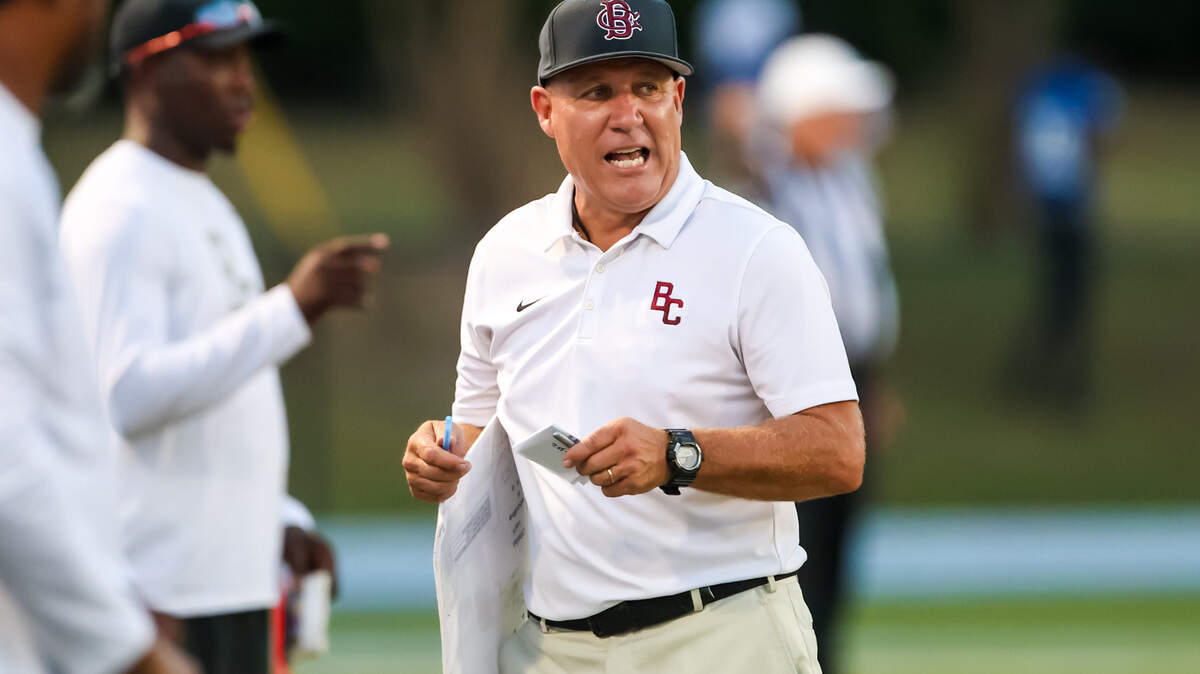 Brookland Cayce Bearcats head coach Rusty Charpia directs his team during their game at Airport High School in West Columbia, SC, Friday, Aug. 25, 2023.