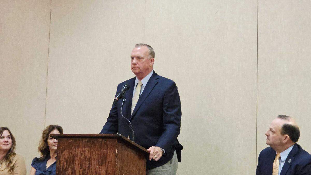 Stephen Federico speaks before crowd, Nov. 15, 2025, vowing to fight for judicial reform in South Carolina, following the shooting death of his daughter, Logan Federico.