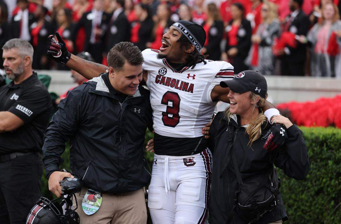 South Carolina wide receiver Antwane Wells Jr. (3) reacts to running back Dakereon Joyner’s touchdown during the second quarter of the Gamecocks’ game at Sanford Stadium in Athens on Saturday, September 15, 2023.