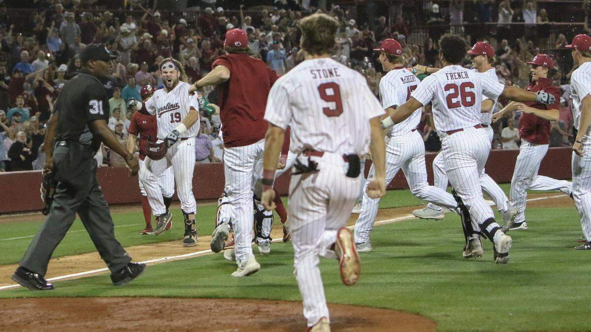 The University of South Carolina baseball team celebrates as Cole Messina (19) hits a grand slam while playing Florida on Thursday April 20, 2023.