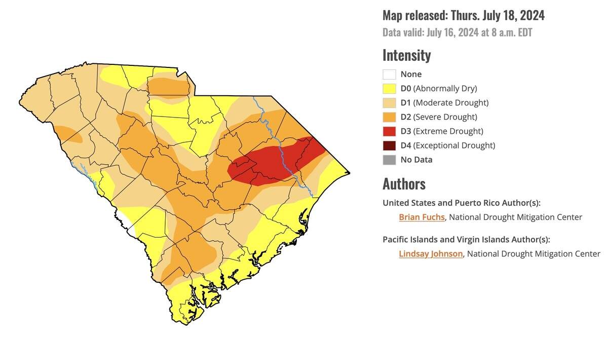 A map that shows drought conditions in South Carolina.