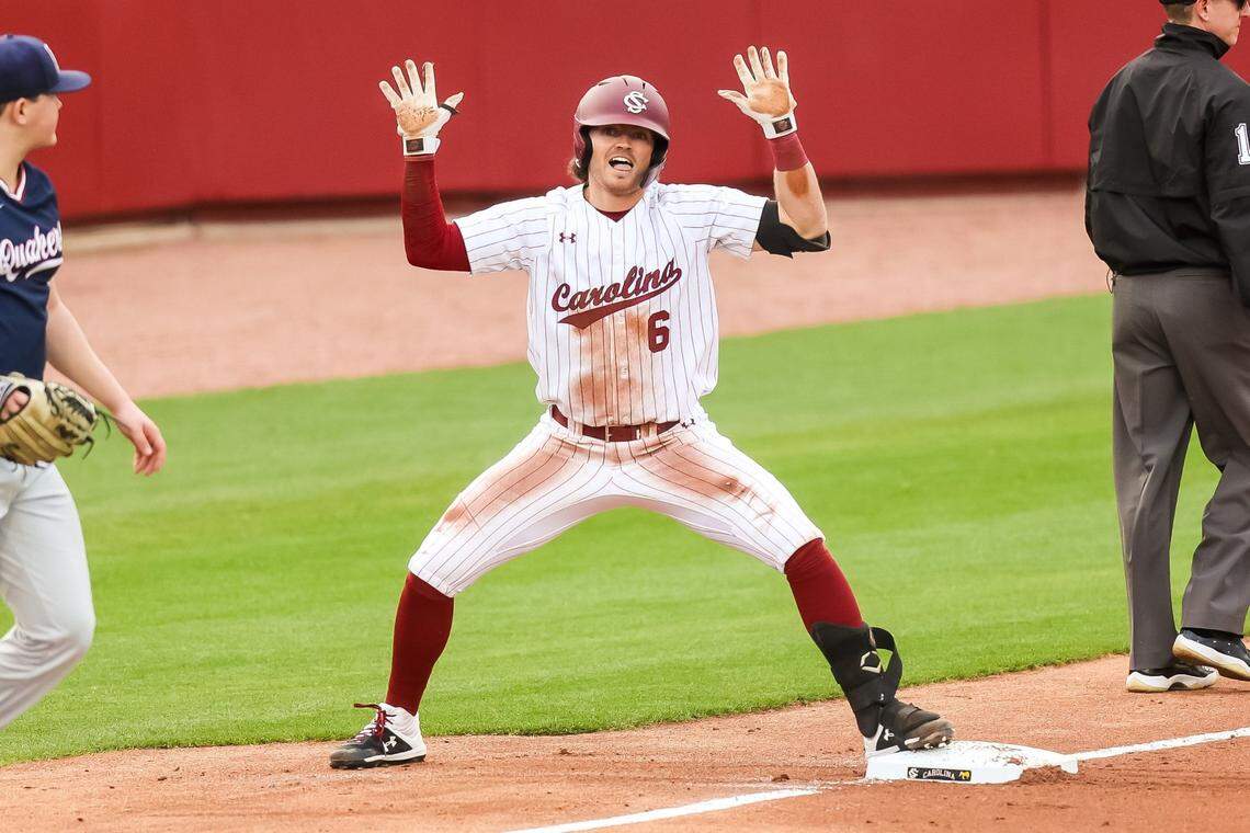South Carolina infielder Will McGillis (6) celebrates a triple during the game between the South Carolina Gamecocks and the Penn Quakers on Friday, 2/24/23 at Founders Park in Columbia, SC.
