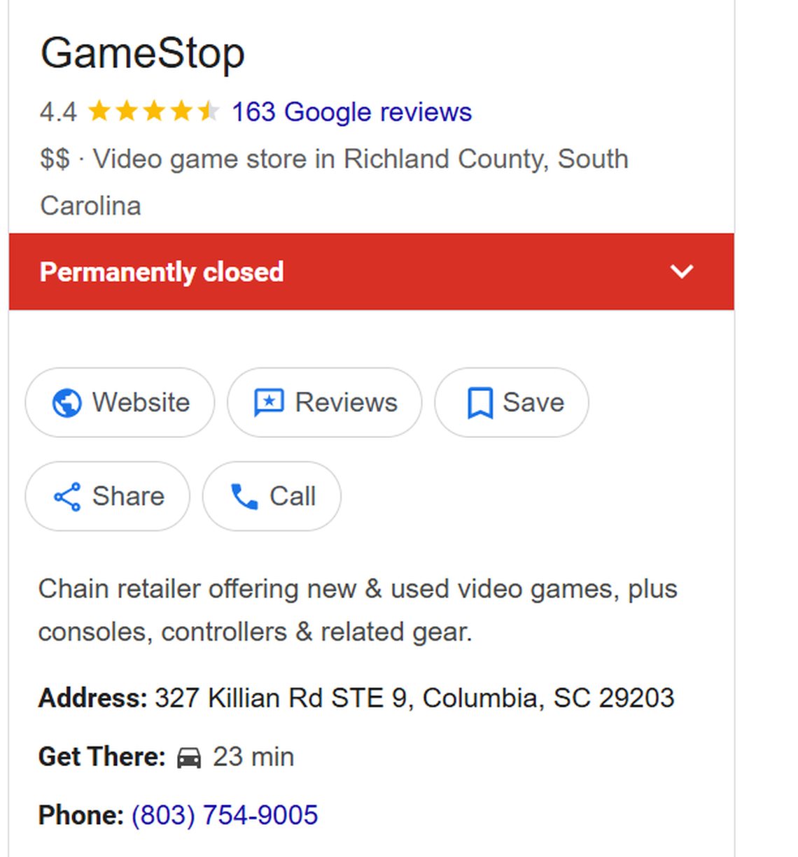 Google lists the GameStop at 327 Killian Road as “permanently closed.”