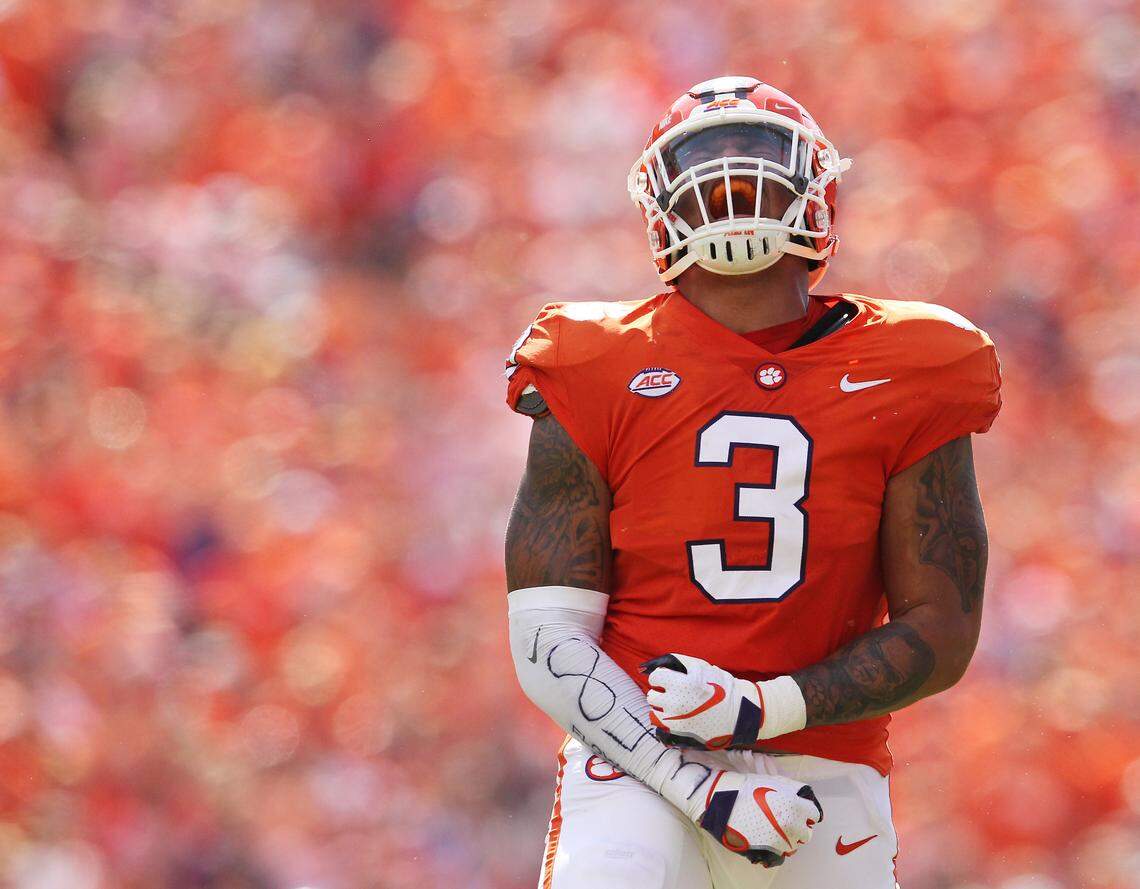 Clemson’s Xavier Thomas celebrates after sacking Syracuse quarterback Eric Dungey duing the 2018 season.
