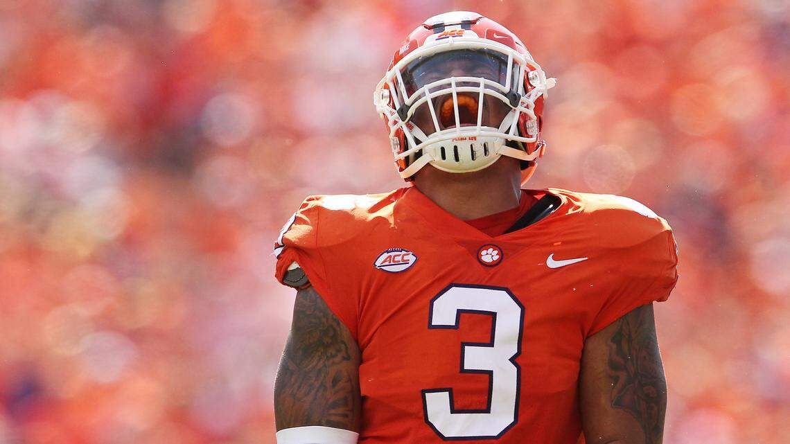 Clemson’s Xavier Thomas celebrates after sacking Syracuse quarterback Eric Dungey duing the 2018 season.