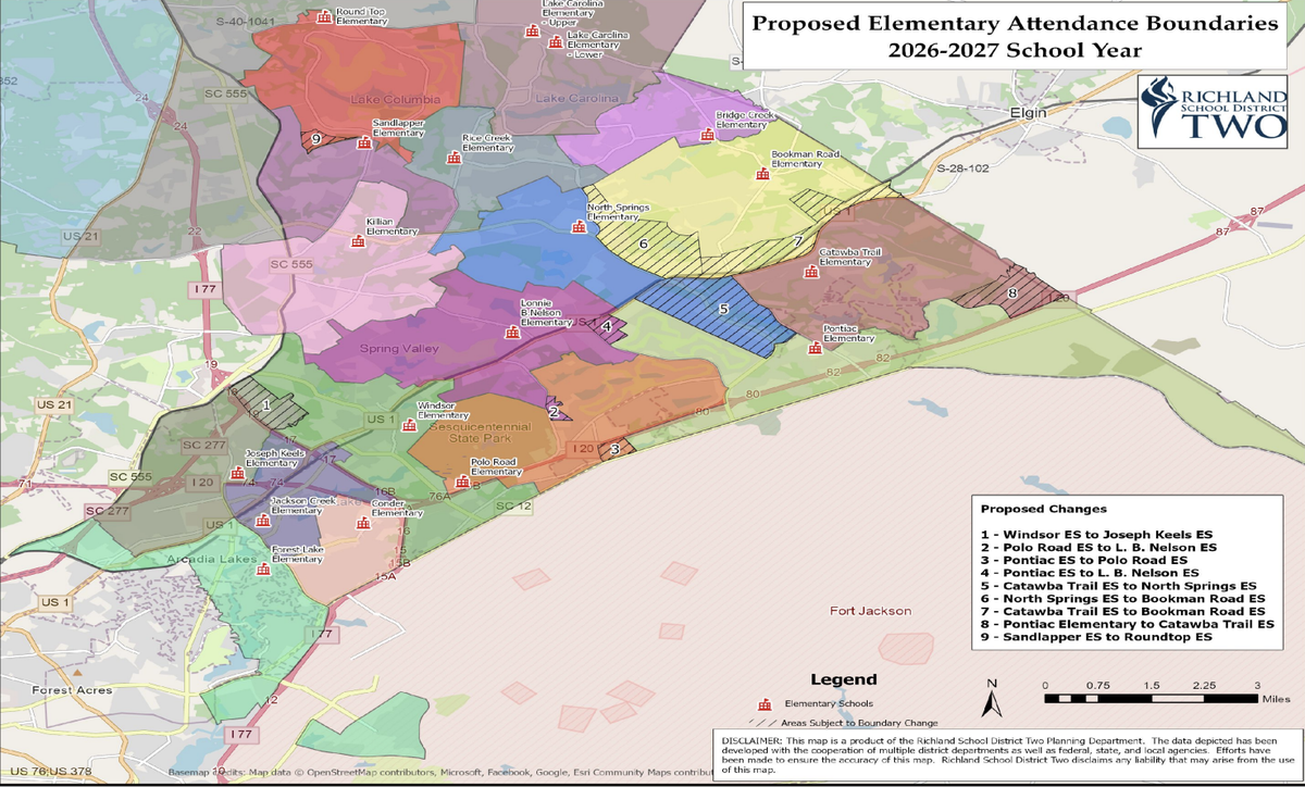 A map of adjusted attendance lines for Richland 2 elementary school students.