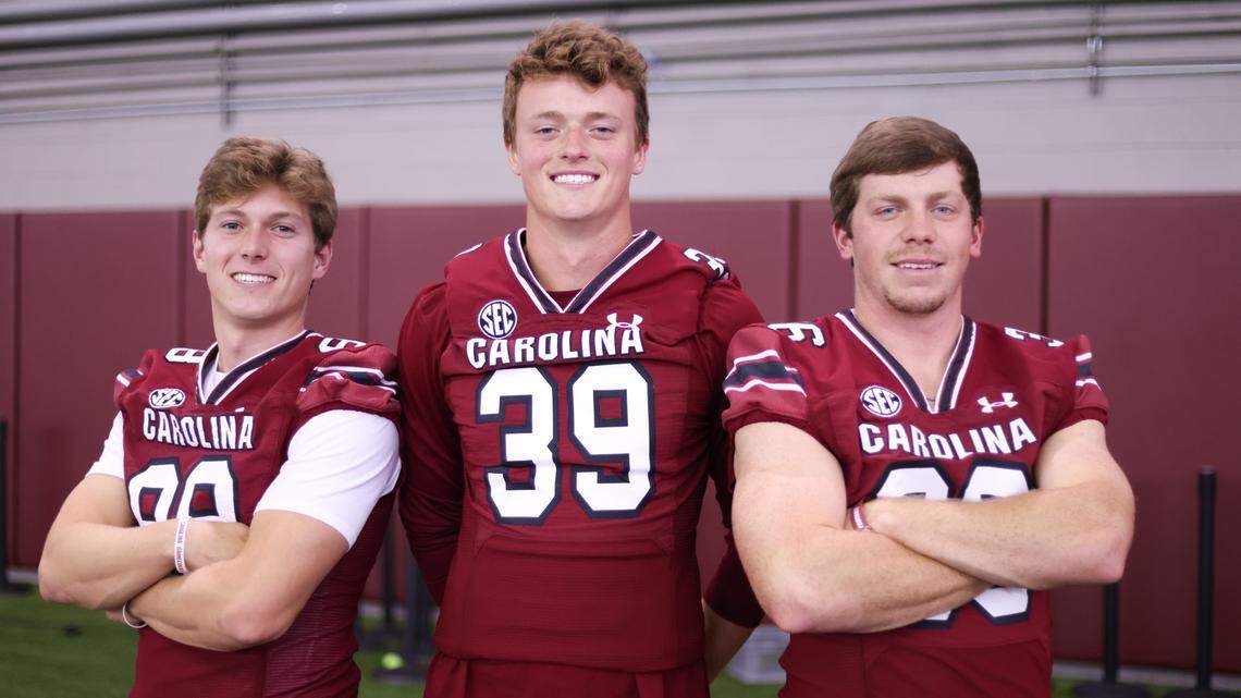 South Carolina placekicker Mitch Jeter (98), punter Kai Kroeger (39) and long snapper Hunter Rogers during 2023 Media Day.