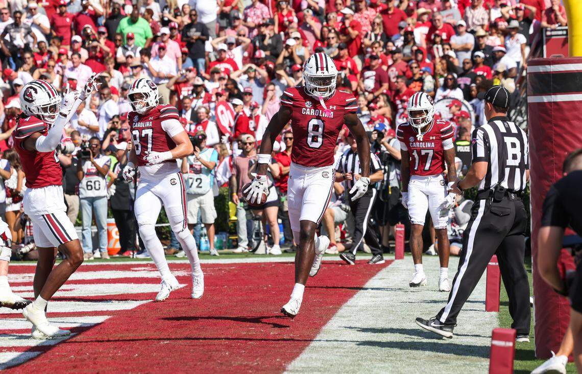 South Carolina wide receiver Nyck Harbor (8) reacts following a touchdown during the first half of South Carolina’s game against Oklahoma at Williams-Brice Stadium in Columbia on Saturday, October 18, 2025.