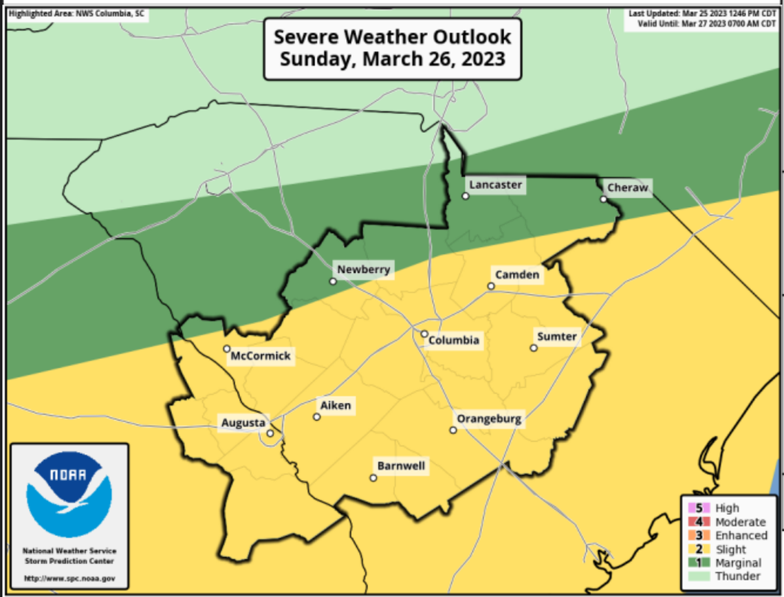 The National Weather Service has warned that the Midlands is at risk of high winds, hail and tornadoes Sunday. 