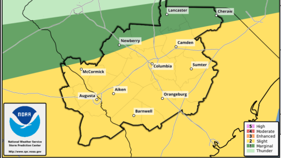 The National Weather Service has warned that the Midlands is at risk of high winds, hail and tornadoes Sunday. 