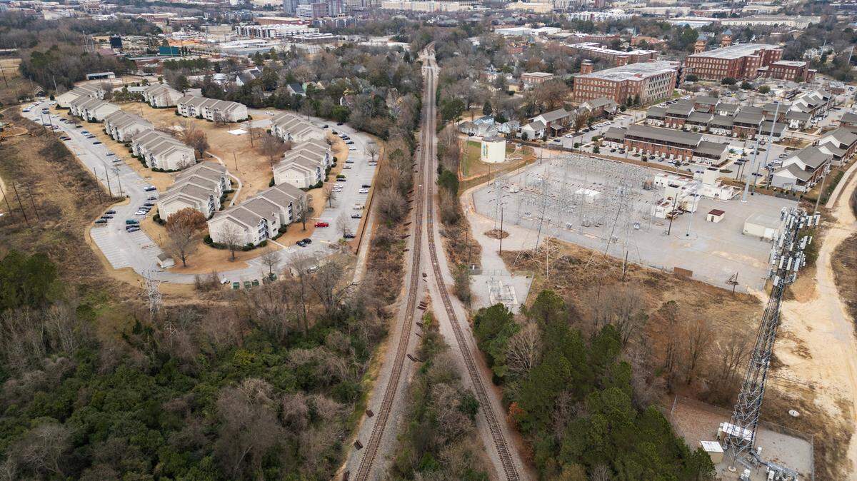 Train tracks run through the Granby Mill Village neighborhood in Columbia, South Carolina on Thursday, December 26, 2024.